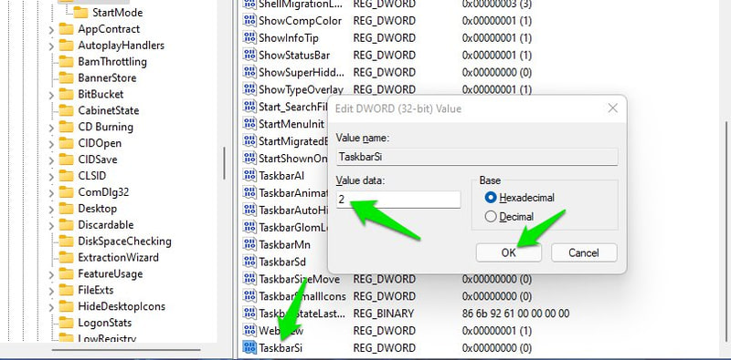 Hackear el registro para cambiar el tamaño de la barra de tareas