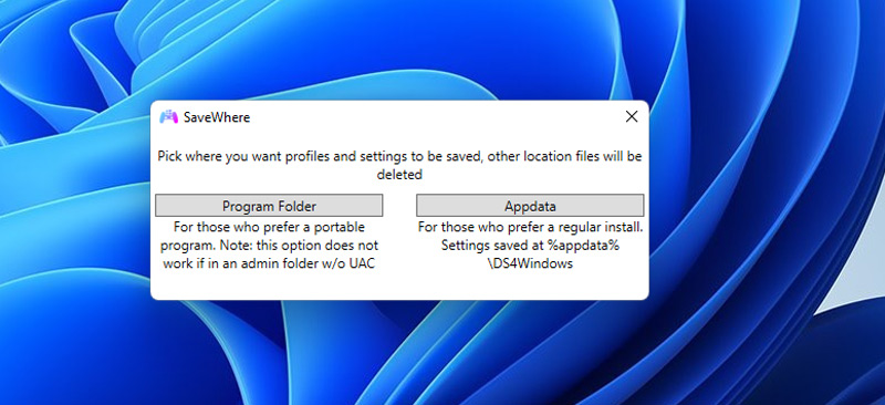 Seleccione Appdata en el asistente de configuración de DS4Windows