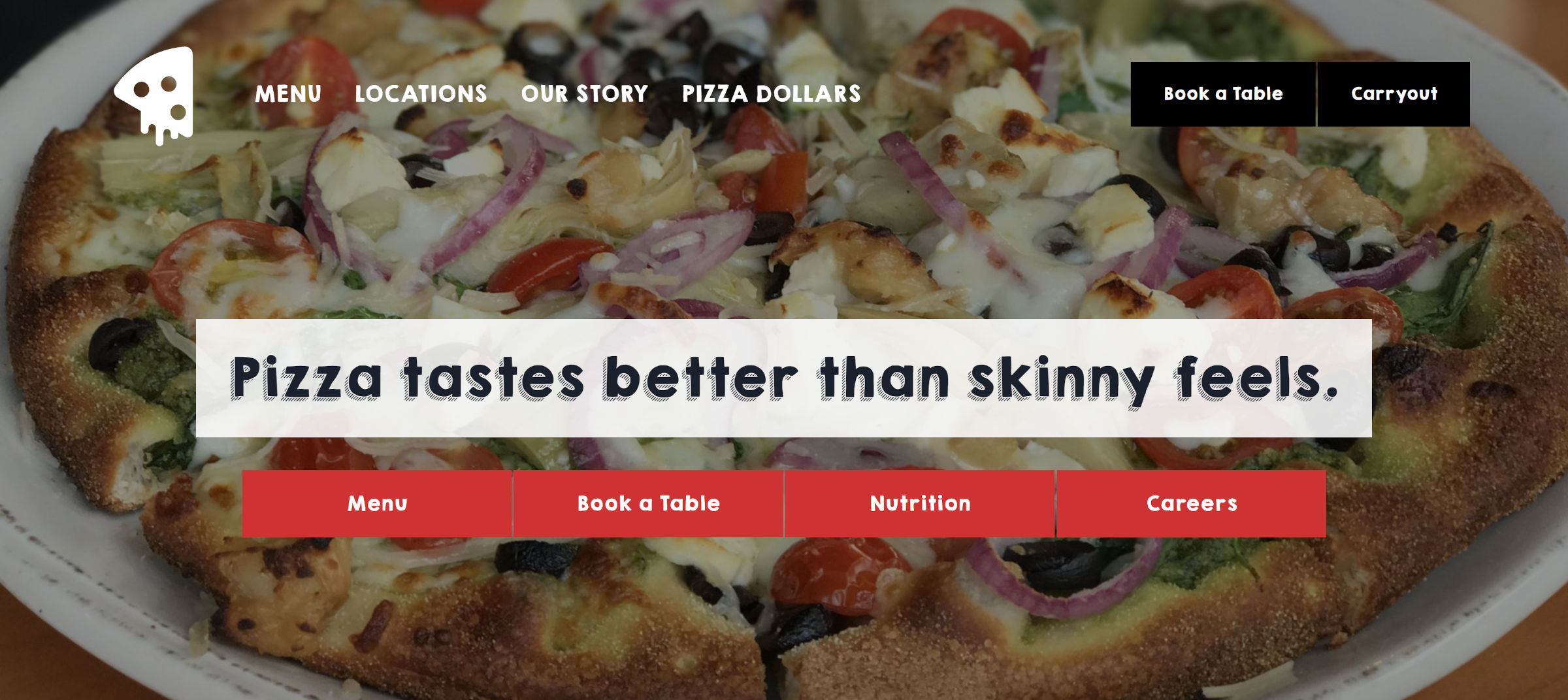 Encabezado de pizzería con logo, menú y botones en la esquina superior derecha. En el medio hay un eslogan de demostración, seguido de otro menú similar a un botón.