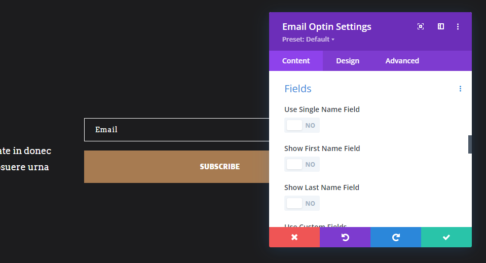 Divi Opciones de correo electrónico Posibilidades de diseño Uno