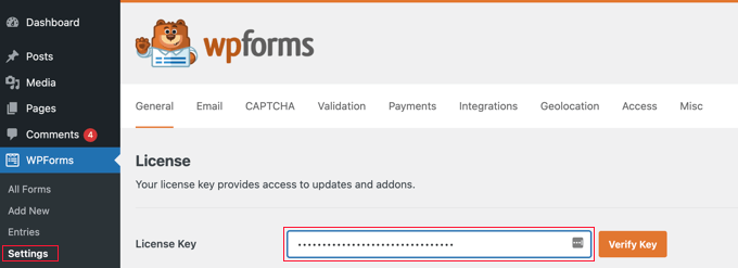 Ingrese su clave de licencia de WPForms