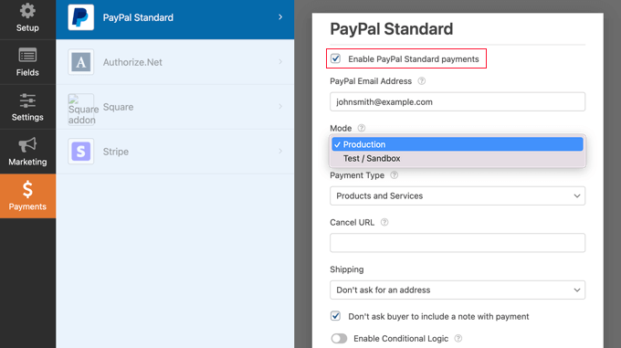 Marque la casilla Habilitar pagos estándar de PayPal