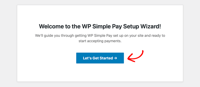 El asistente de configuración de WP Simple Pay se iniciará automáticamente