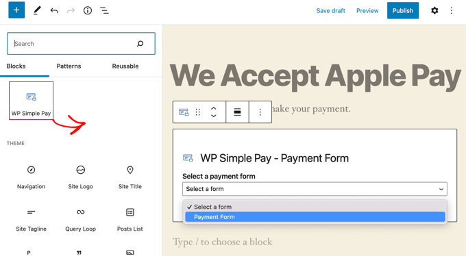 Agregue WP Simple Pay Block a publicaciones o páginas