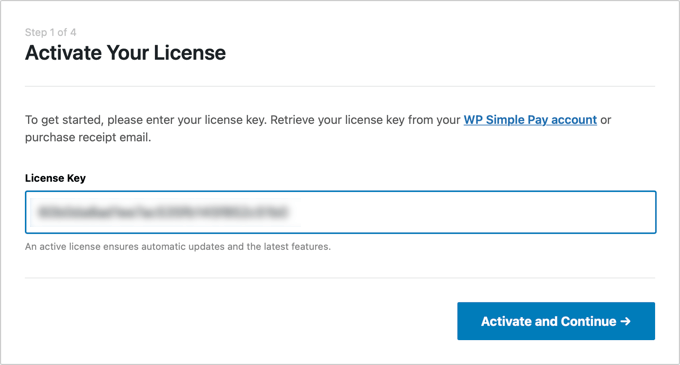 Se le pedirá que ingrese su clave de licencia de WP Simple Pay