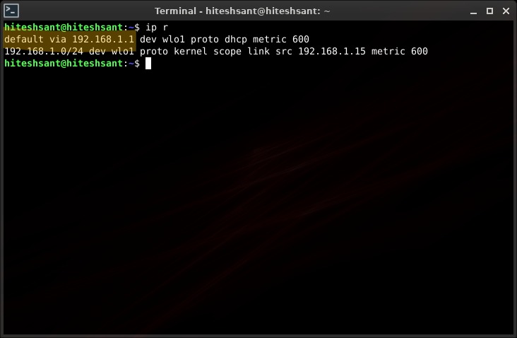 dirección IP del enrutador en la terminal Linux